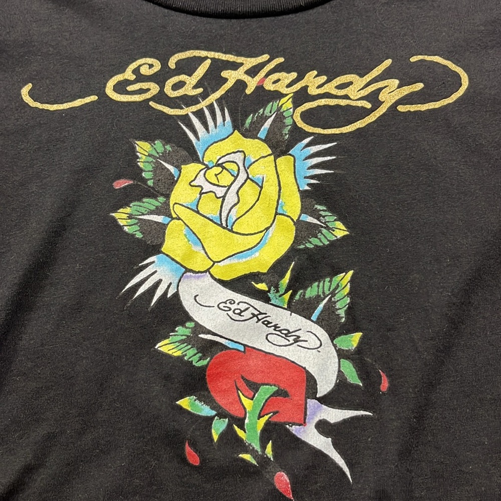 ED HARDY Novelty Print Black Crop Short SLV T-Shirt SZ  L (youth) XS/S (adult) - Picture 4 of 15